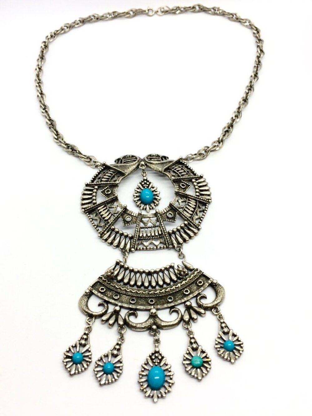 Vintage Boho Necklace Silver Tone Turquoise Bird Statement Bib Fringe